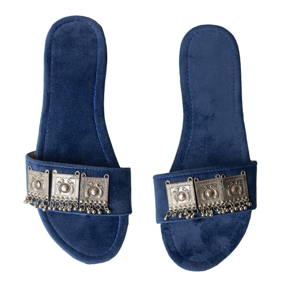 Boho Velvet Banjara Sliders Indian Festival Sandals w/ Silver Charms-Sz 8.5 -EUC